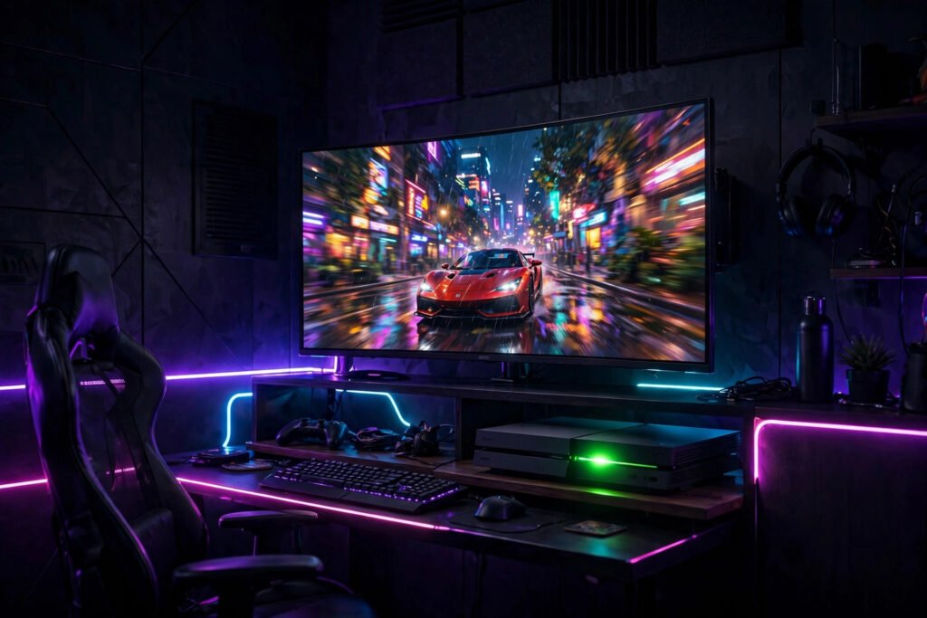 Dark gaming room with neon lights and monitor showing cool Xbox name ideas