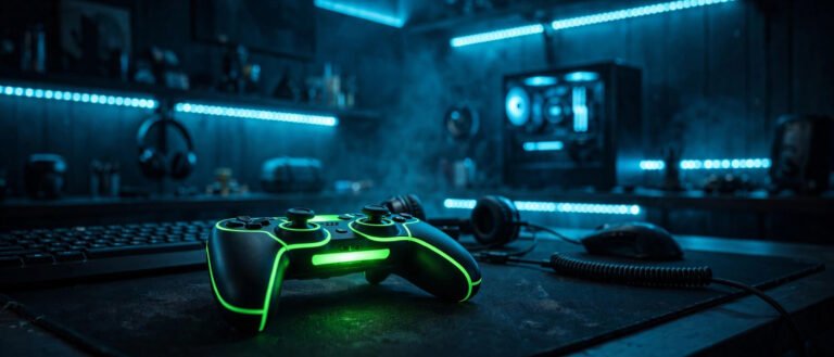 Glowing green Xbox controller on a dark gaming desk representing cool Xbox names
