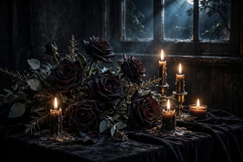 Black roses and candles on dark velvet cloth for gothic dark usernames
