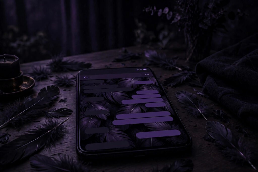 Glowing phone screen with dark raven wallpaper in a dim room for creepy dark usernames