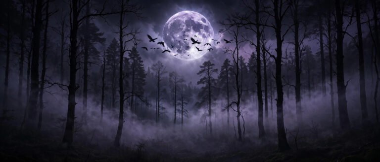 Misty moonlit forest with ravens and fog representing mysterious dark usernames