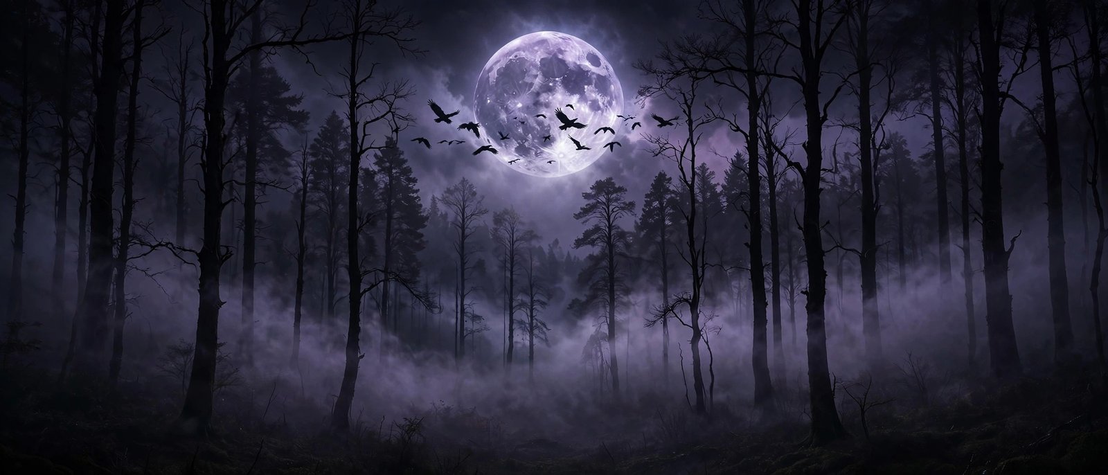 Misty moonlit forest with ravens and fog representing mysterious dark usernames