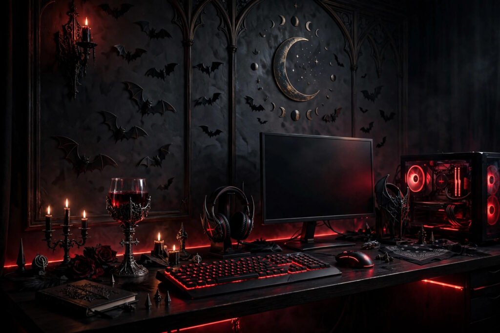 Cool vampire usernames gaming setup with red glowing keyboard and gothic bat decor