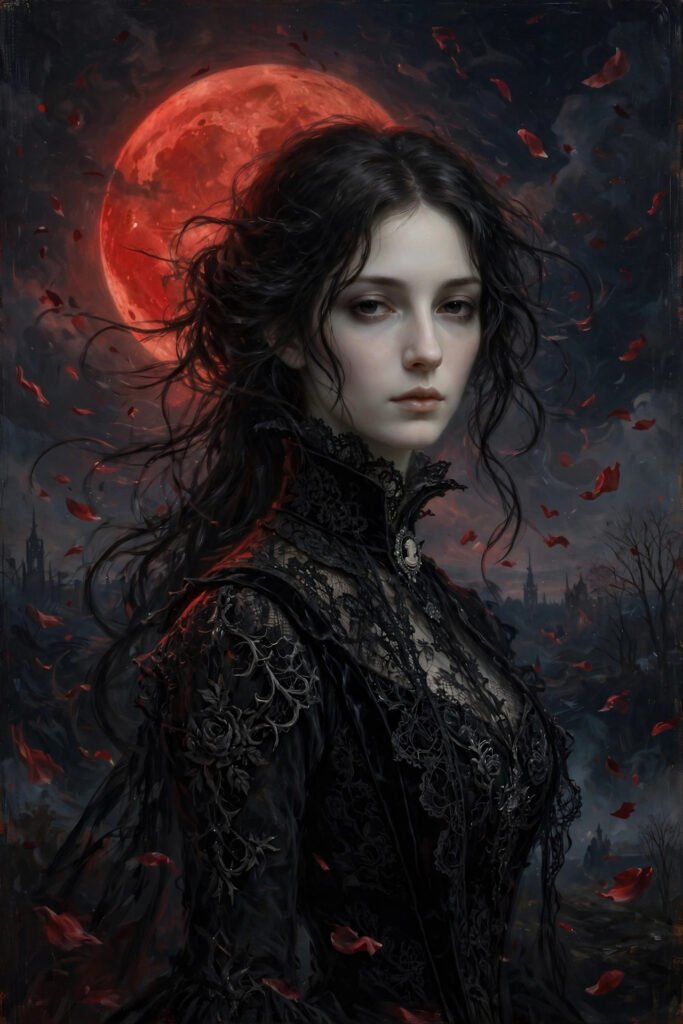 Aesthetic vampire usernames portrait of a gothic woman under a red moon