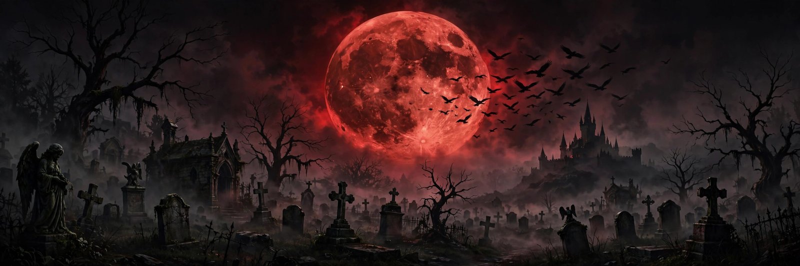 Dark vampire usernames featured image with a blood red moon over a gothic graveyard