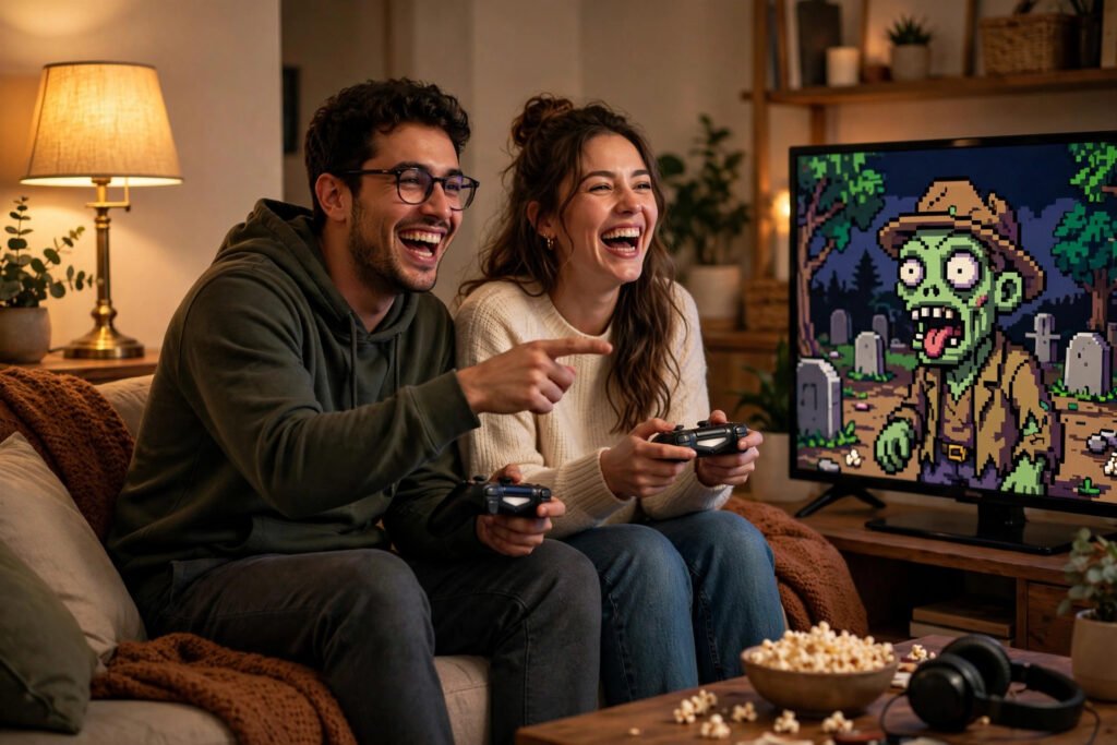 Two friends laughing while gaming, perfect funny Xbox gamertag moment
