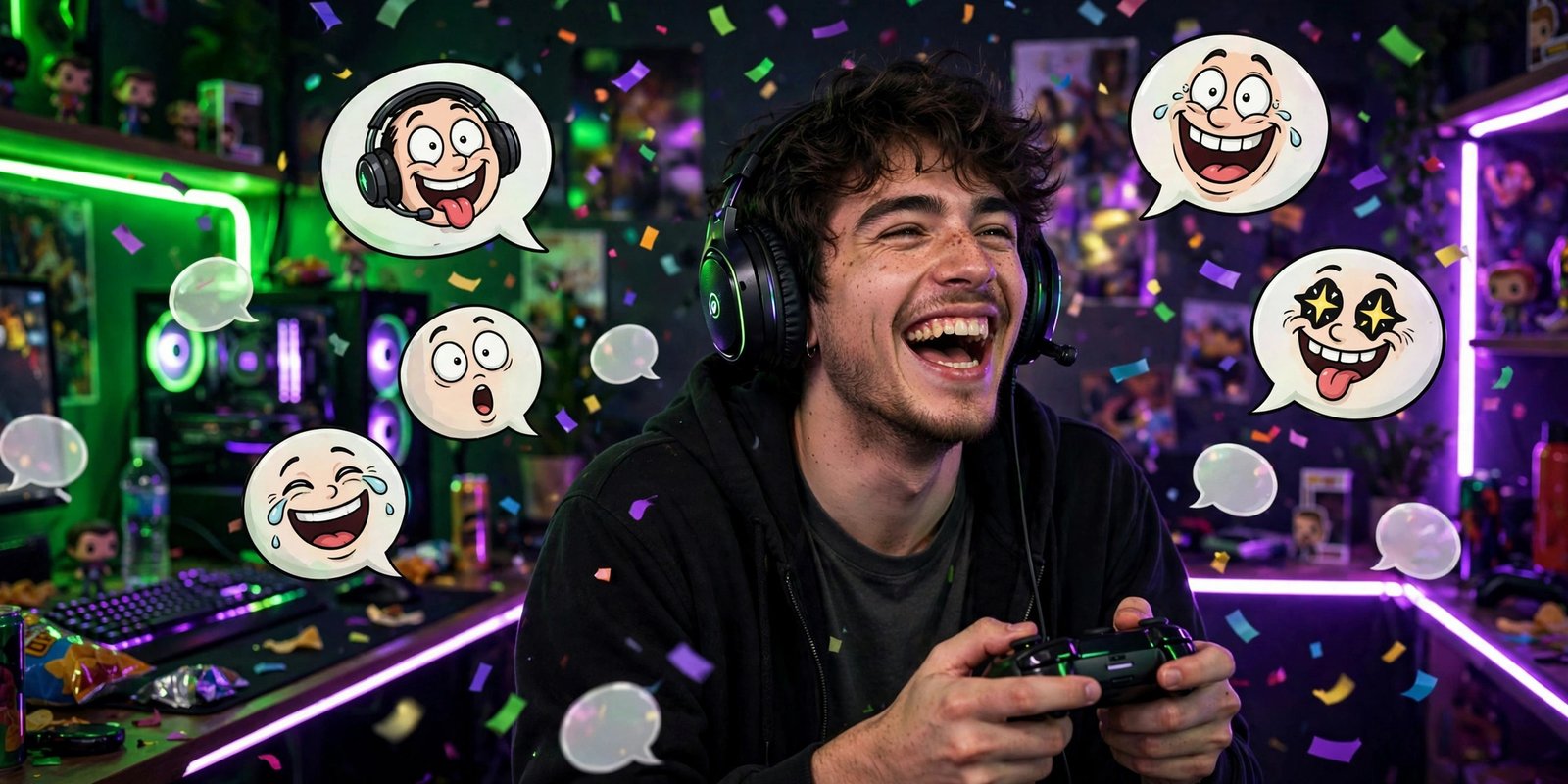 Laughing gamer holding an Xbox controller surrounded by funny gamertag ideas