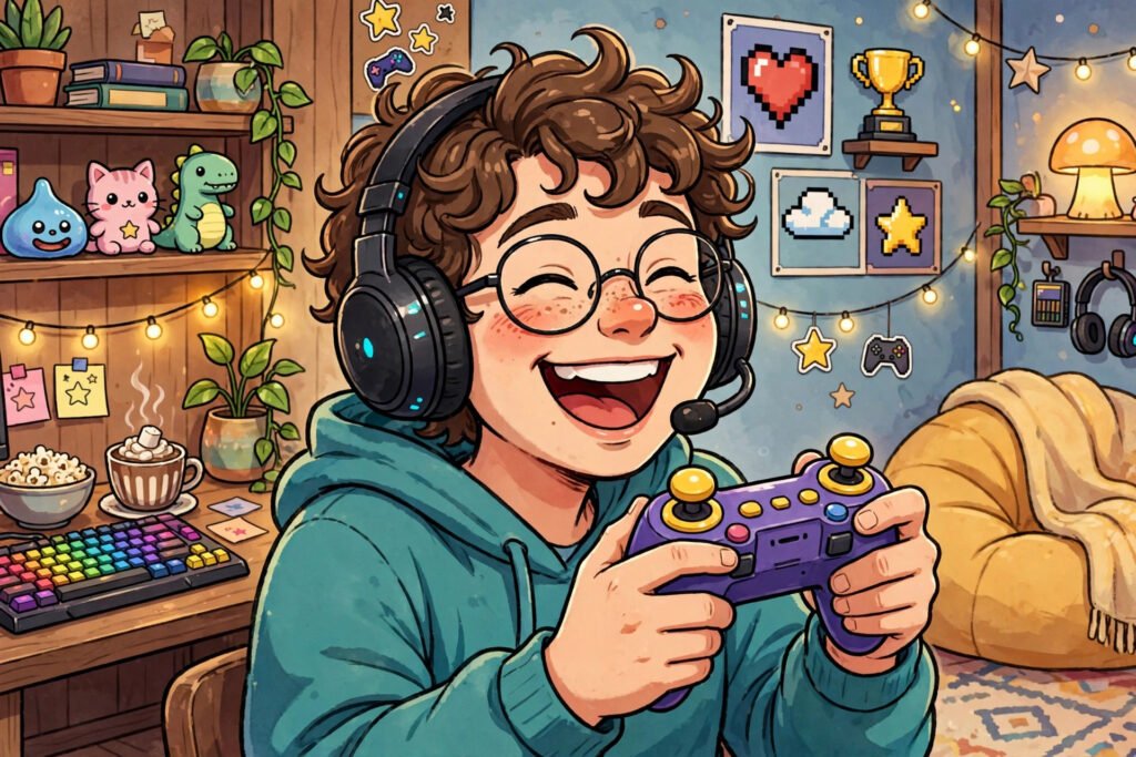 Laughing cartoon gamer with headset for funny good gamertag ideas