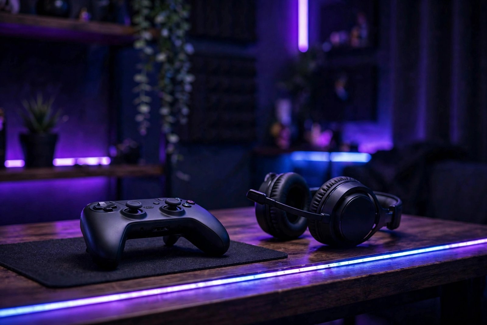 Gaming setup with controller and neon lights for good gamertag ideas