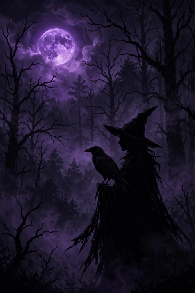 Dark witch silhouette with a raven under a glowing purple moon for dark witch usernames