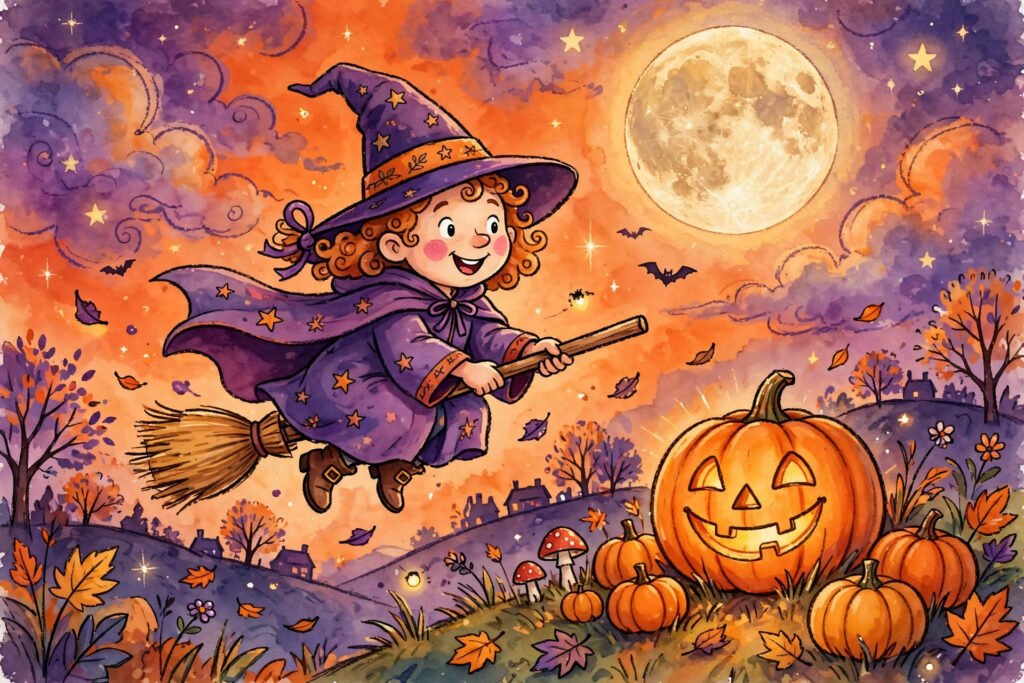 Cheerful witch flying on a broom past a glowing jack-o-lantern for Halloween witch usernames