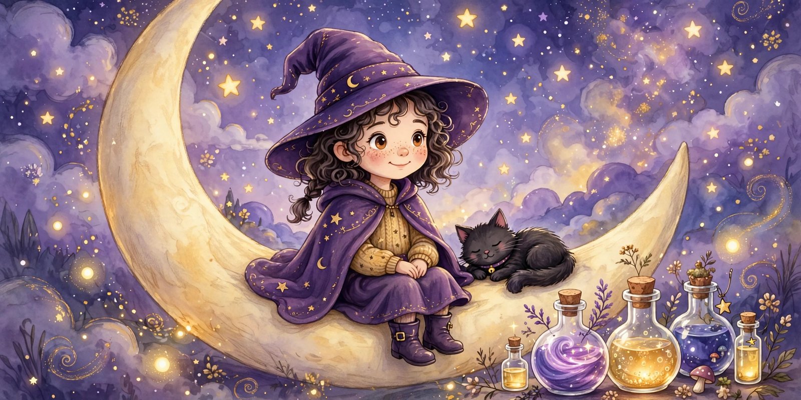 Cute witch sitting on a crescent moon with potion bottles and a black cat for witch usernames