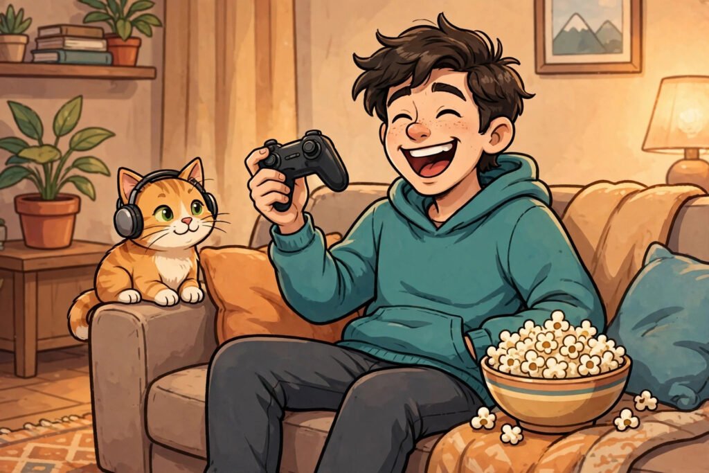 Gamer laughing on a couch with a controller, a funny cool PSN names idea