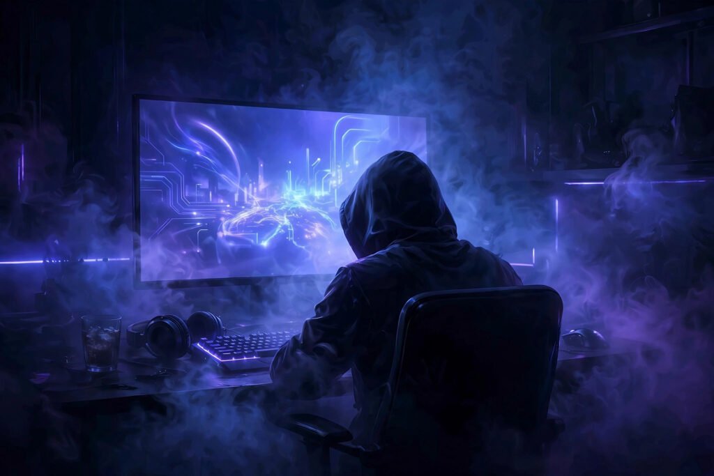 Hooded gamer silhouette at a glowing screen, a dark cool PSN names idea