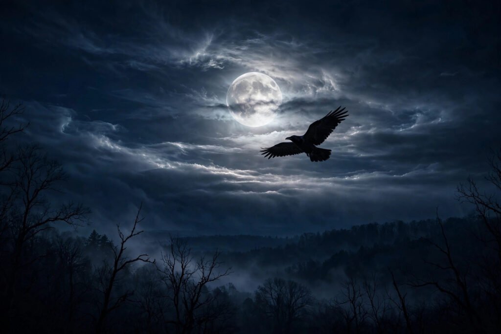 Dark full moon with raven silhouette for dark moon usernames
