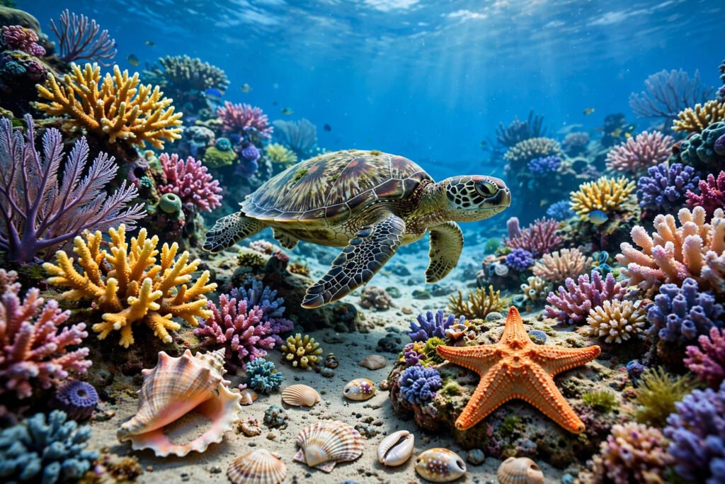 Coral reef with turtle and starfish under clear blue water for ocean usernames