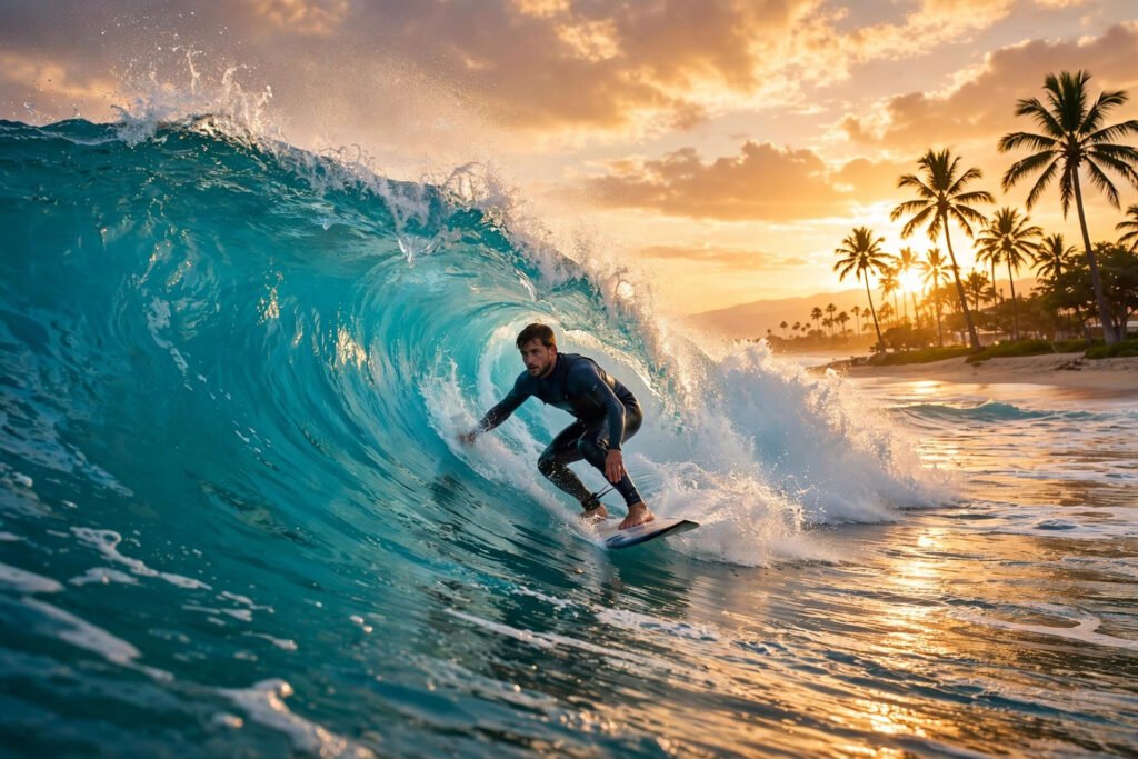 Surfer riding a turquoise ocean wave at sunset for ocean usernames