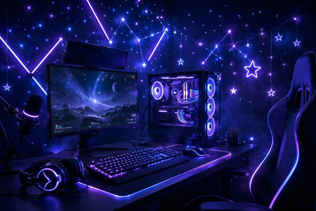 Gaming setup with starry neon lights for star usernames