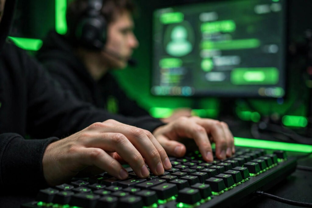 Esports player choosing sweaty Fortnite names on a glowing screen.