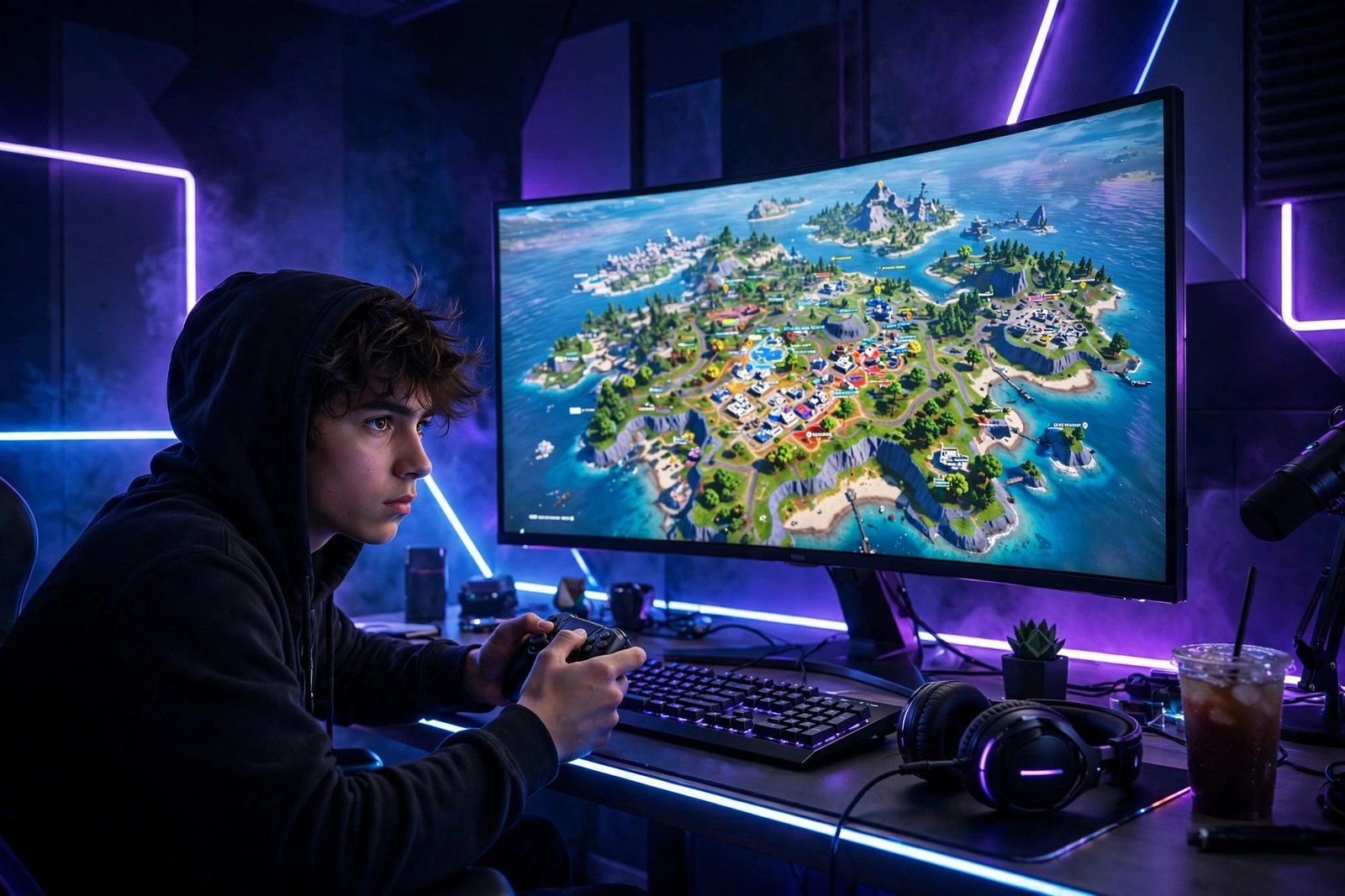 Gamer with controller picking sweaty Fortnite names in a neon gaming room.