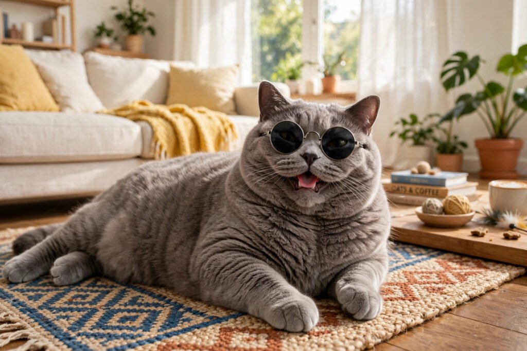 Funny chubby gray cat in tiny sunglasses for funny cat usernames