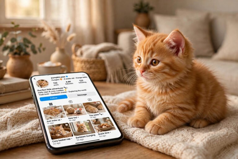 Adorable orange kitten next to a phone showing cat usernames ideas