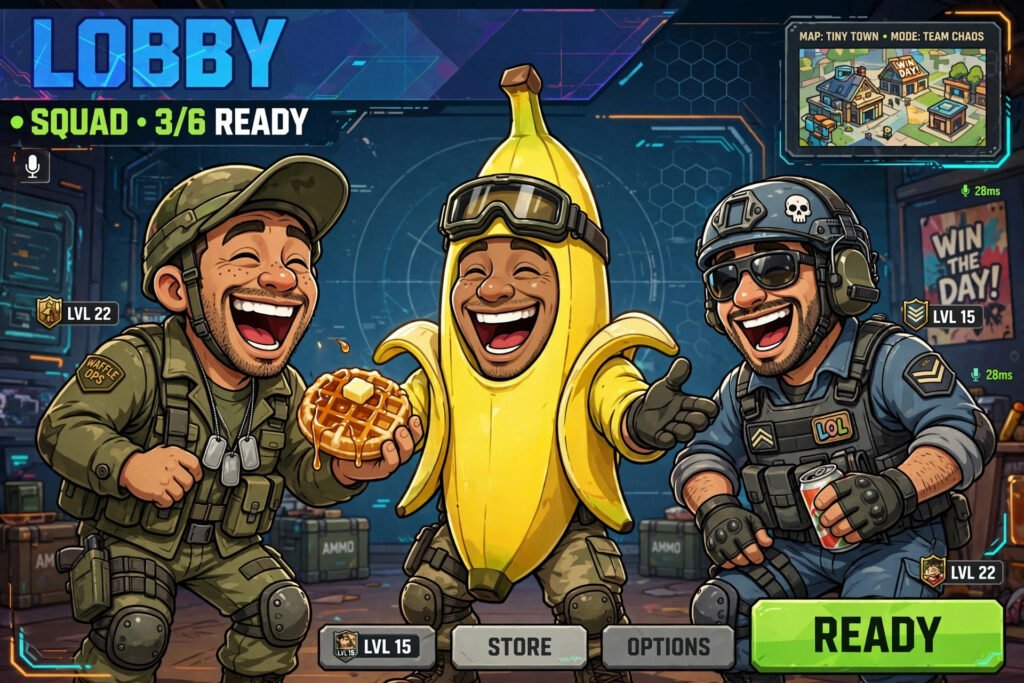 Cartoon soldiers laughing with funny clan names for CoD in a game lobby