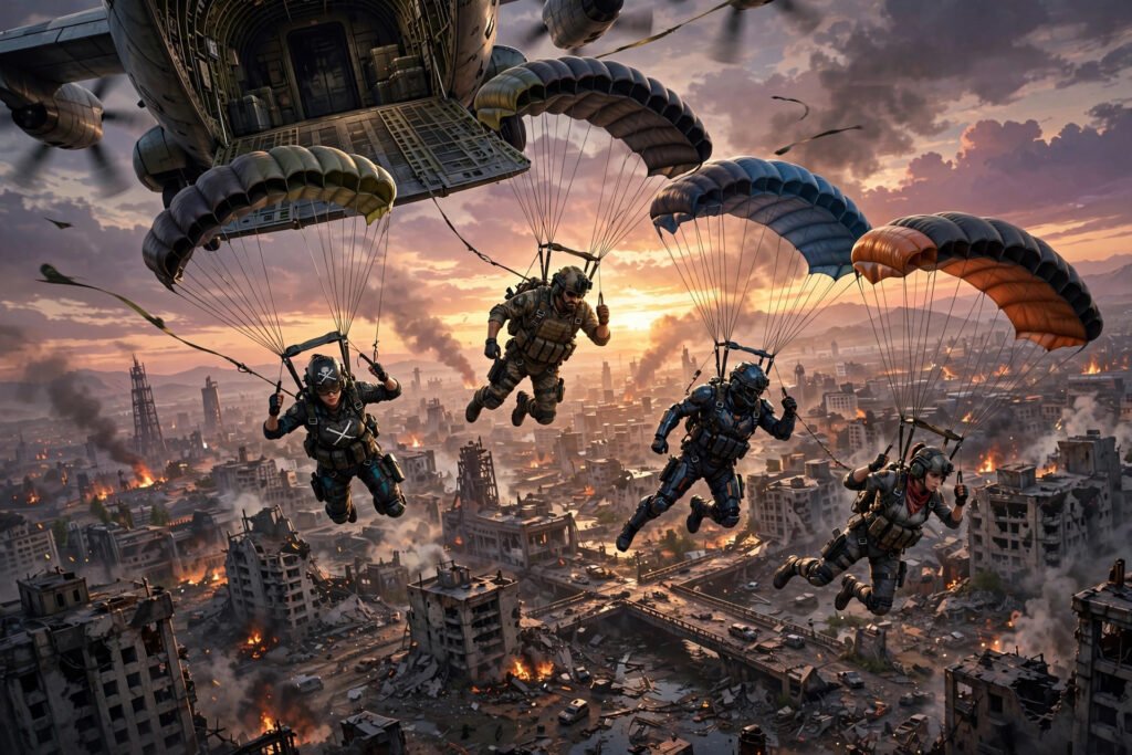 Battle royale squad dropping over a city for Warzone clan names for CoD