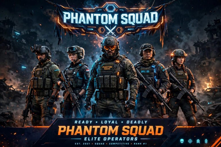 Squad of soldiers under a glowing banner showing bold clan names for CoD