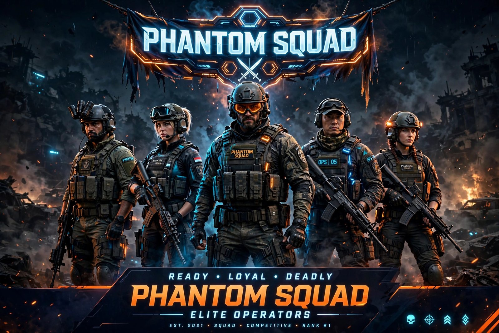 Squad of soldiers under a glowing banner showing bold clan names for CoD