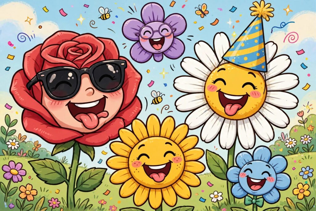 Laughing cartoon flowers with a rose in sunglasses for funny flower usernames
