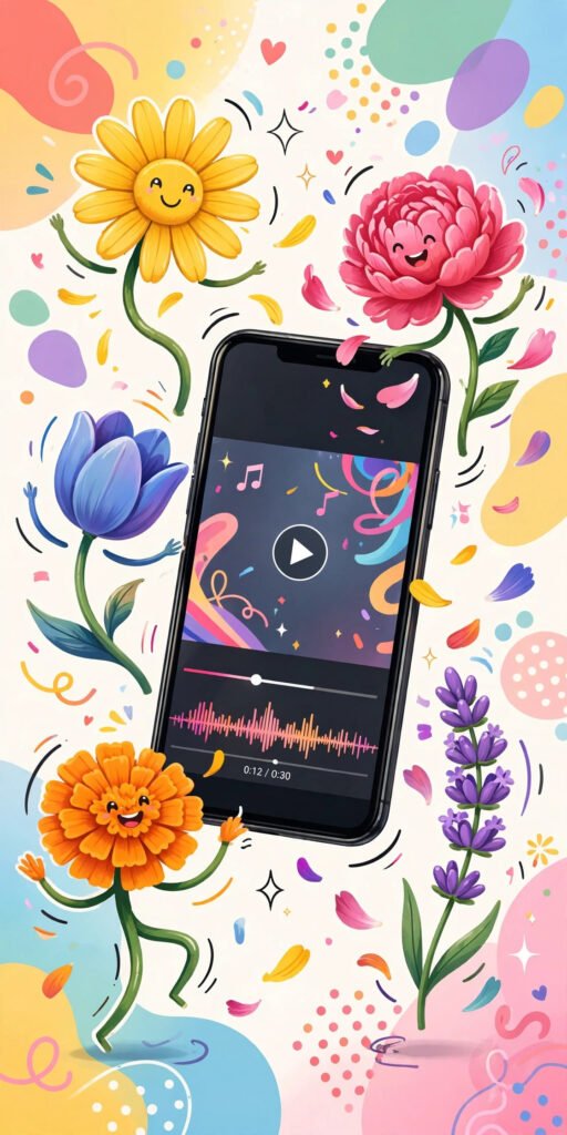 Colorful dancing flowers around a phone playing a video for flower usernames TikTok