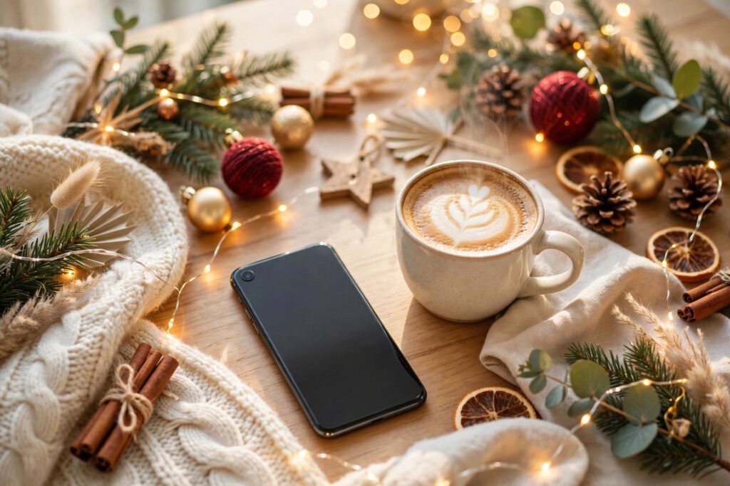 Cozy Christmas usernames for Instagram photo setup with fairy lights and ornaments