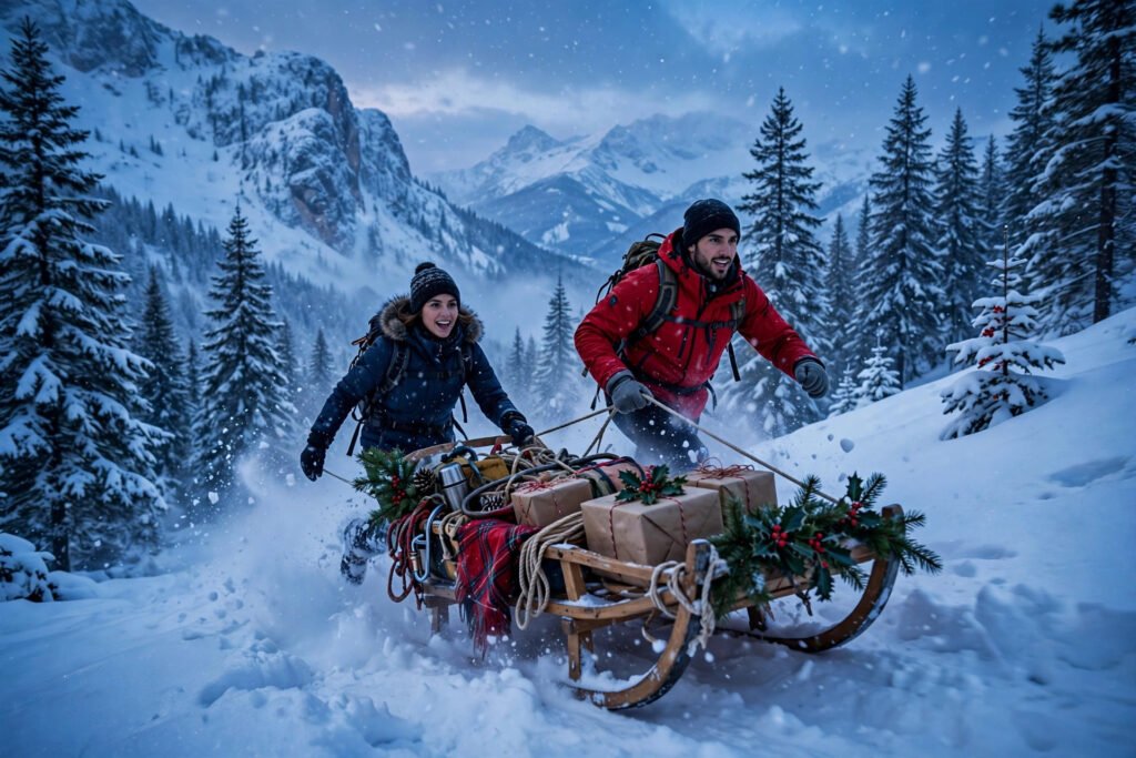 Bold Christmas usernames scene with snowy mountains, sled and pine forest