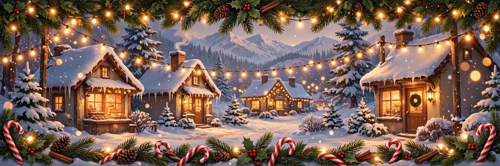 Festive christmas usernames banner with snowy village, glowing lights and candy canes