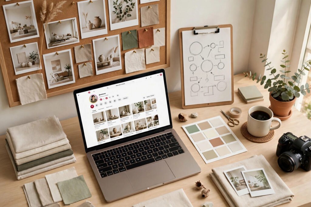 Creator desk with mood boards showing aesthetic pinterest username ideas