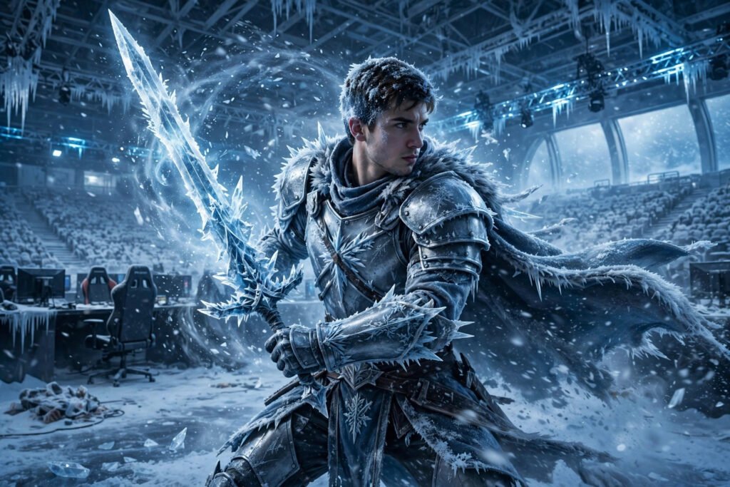 Gamer in frosty armor in a snowy arena, a cool winter usernames idea