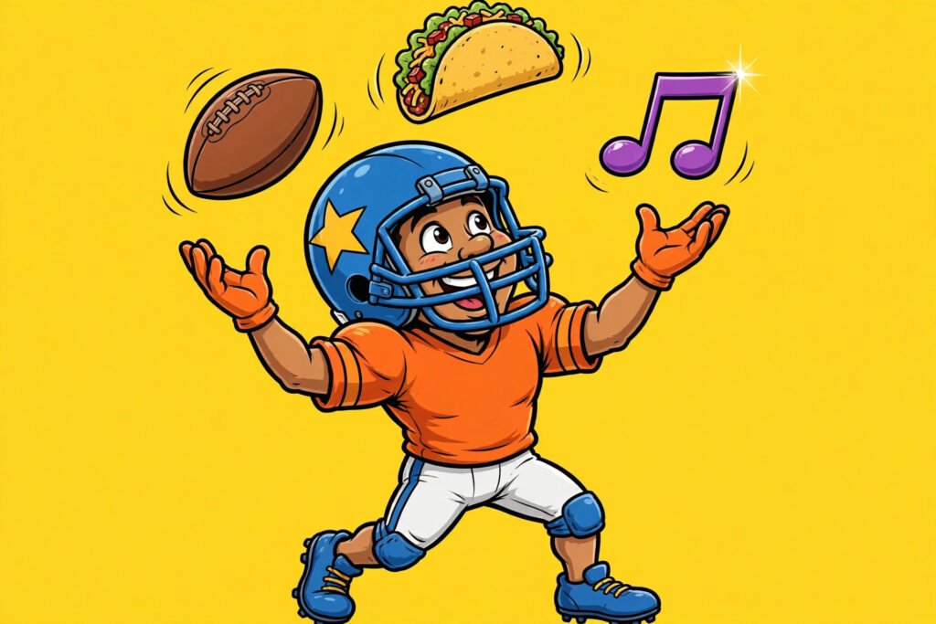 Cartoon football player juggling a taco and a music note for funny fantasy football names