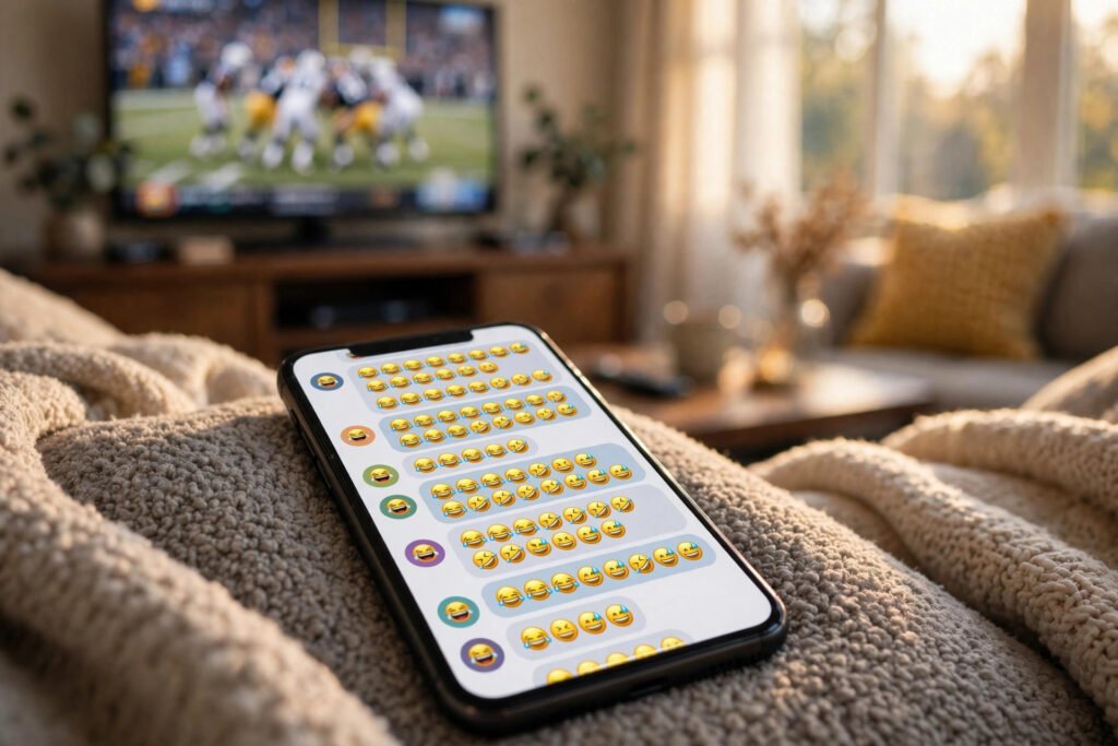 Phone showing a fantasy football group chat full of laughing emojis about funny fantasy team names
