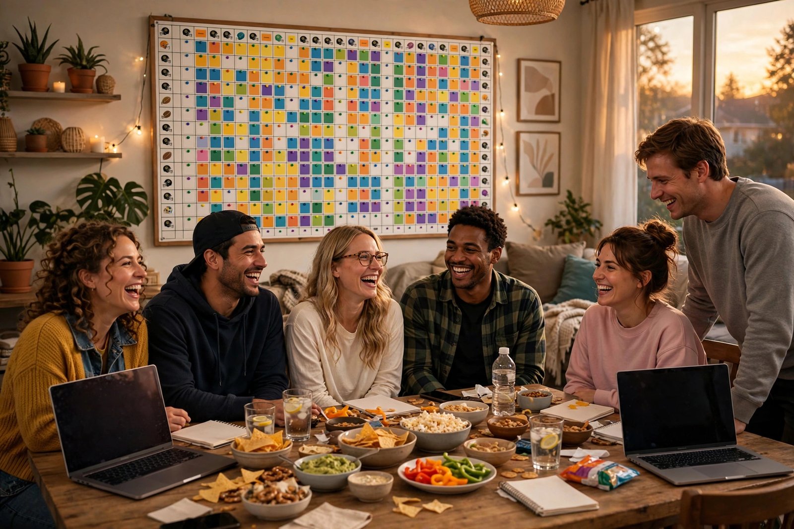 Friends laughing at funny fantasy football names during a draft night party