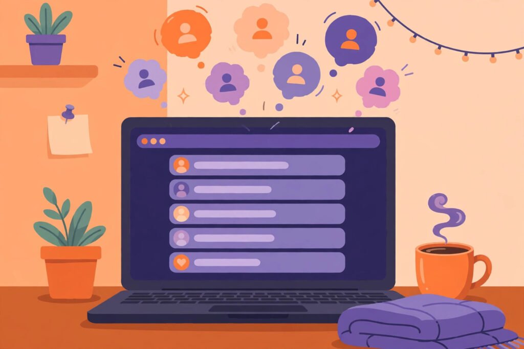 Reddit username ideas shown on a laptop with colorful username bubbles floating above the feed