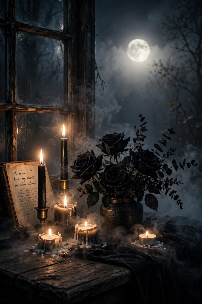 Dark moody tumblr usernames mood with black roses, candles and full moon