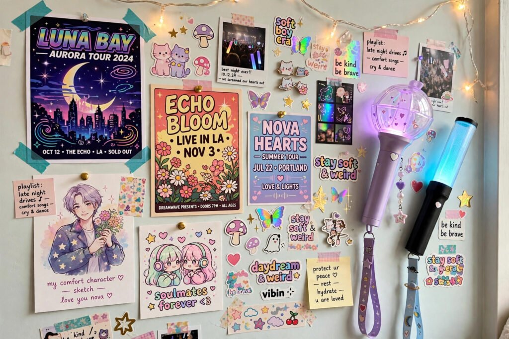 Fandom tumblr usernames collage with posters, fan art and light sticks