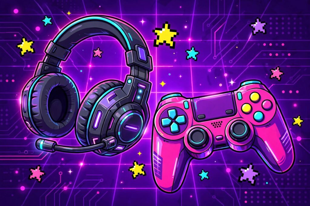 Egirl usernames for gamers shown with a headset, controller, and pastel gaming setup illustration