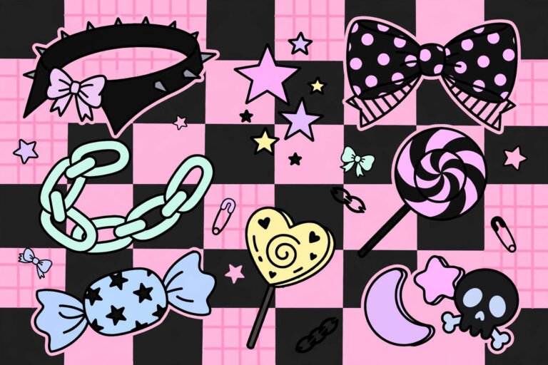 Egirl usernames mood board with pastel and black accessories, chains, stars, bows, and candy
