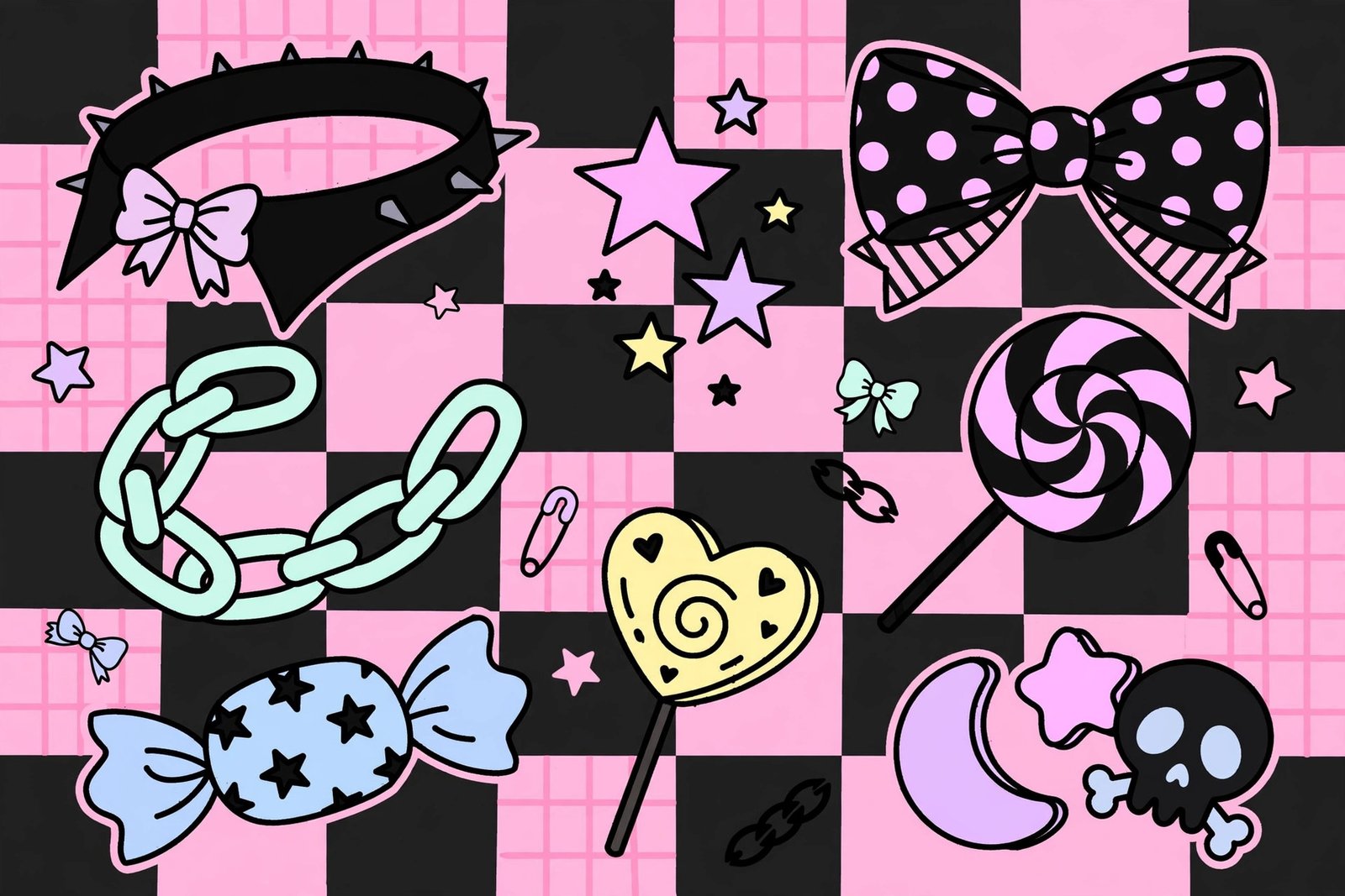 Egirl usernames mood board with pastel and black accessories, chains, stars, bows, and candy