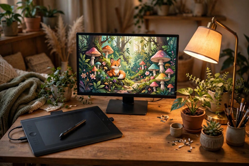 Digital artist workspace with tablet showing colorful art and username ideas for artists
