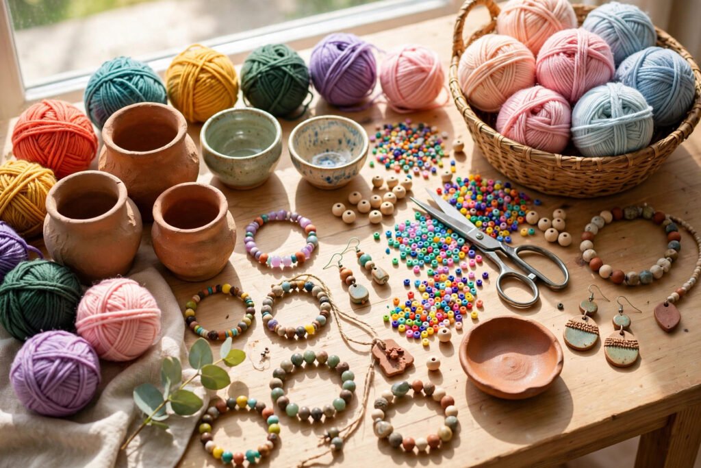 Craft table with clay yarn and beads for username ideas for artists