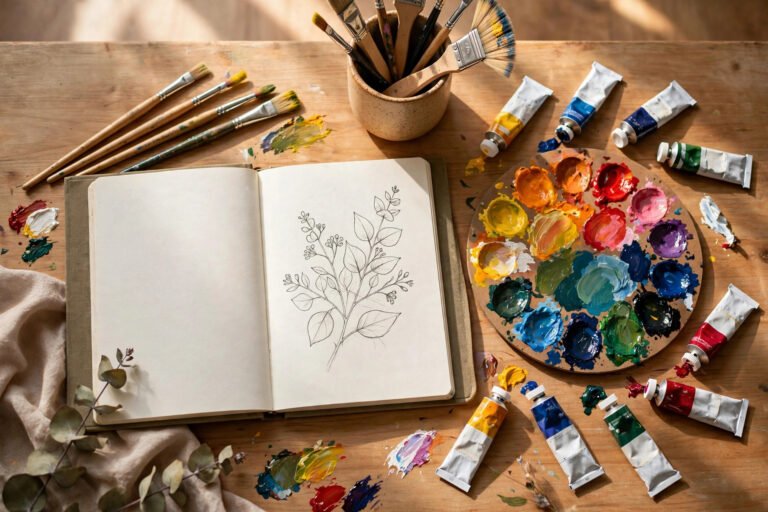 Colorful artist desk with brushes and palette for username ideas for artists