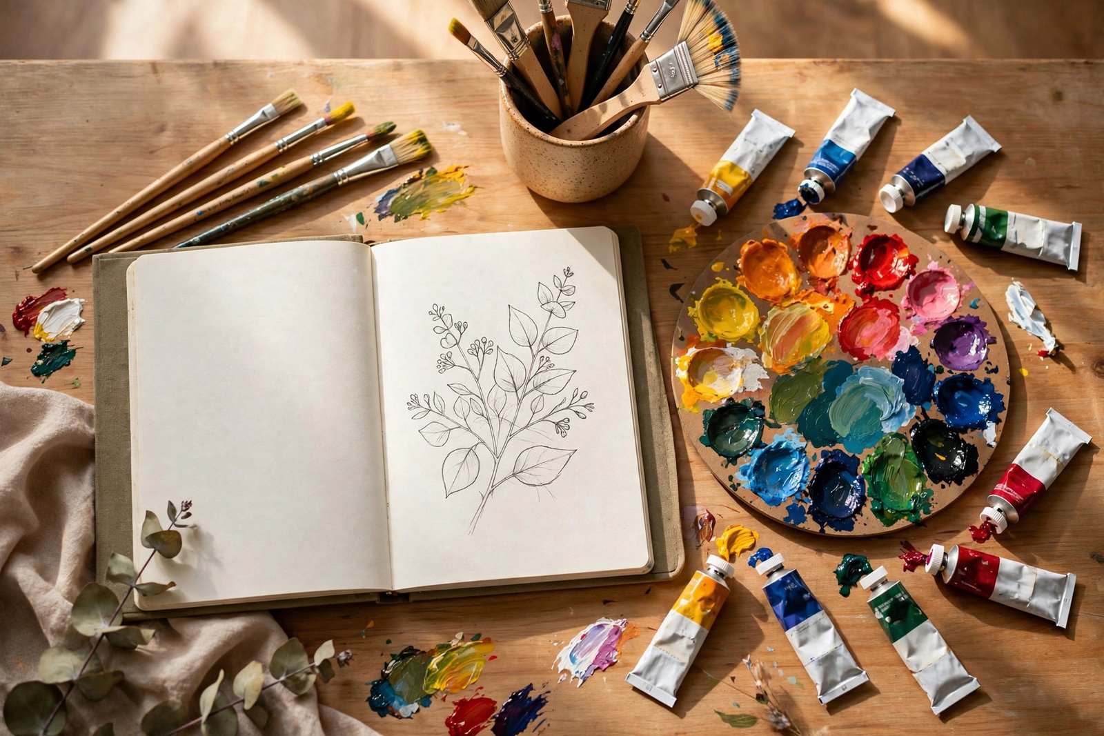 Colorful artist desk with brushes and palette for username ideas for artists